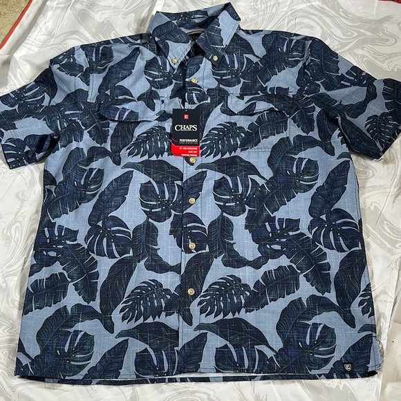 Chaps Blue Casual Button Down Shirt with Tropical Leaf Pattern - Picture 1 of 6
